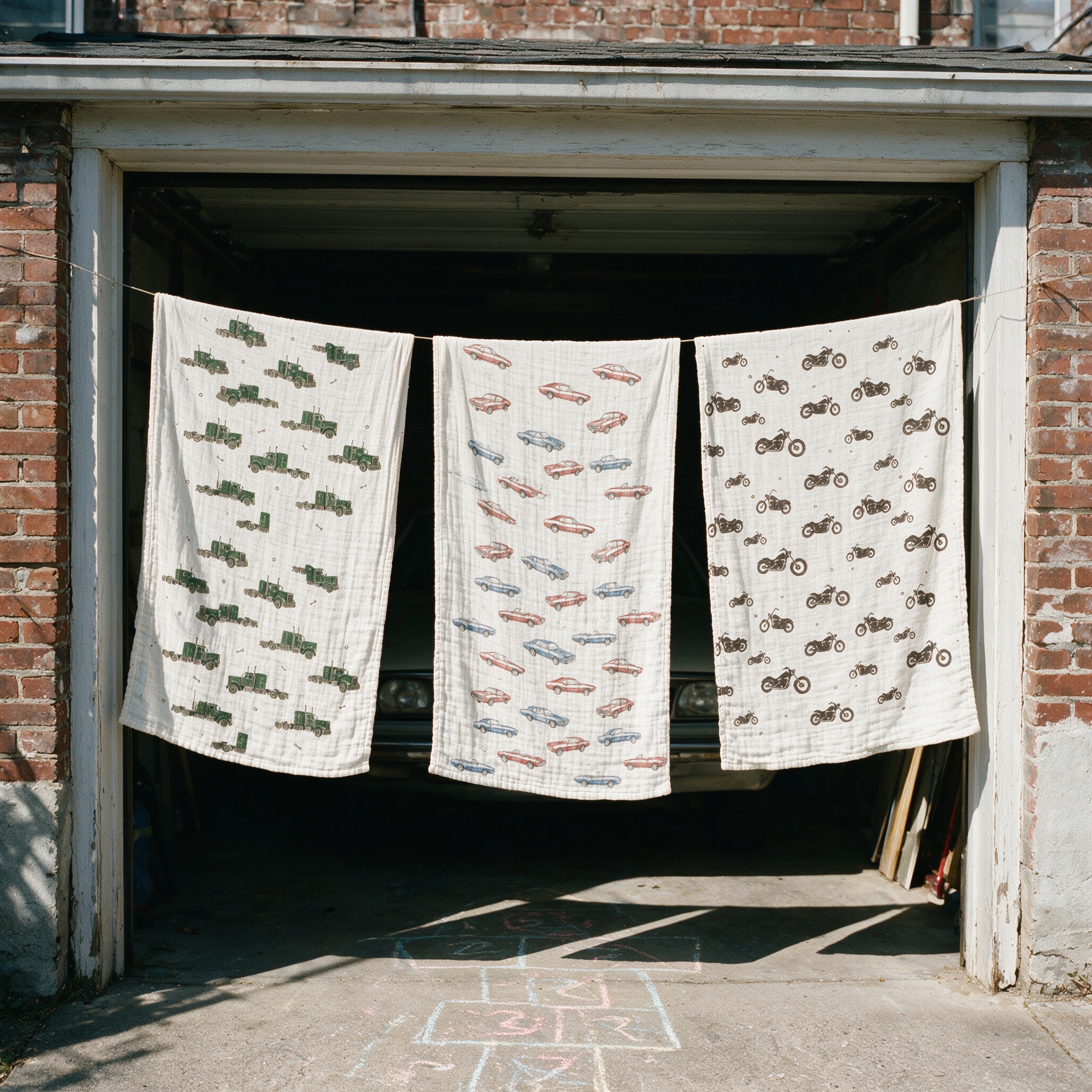 Three prints at the car-shed door