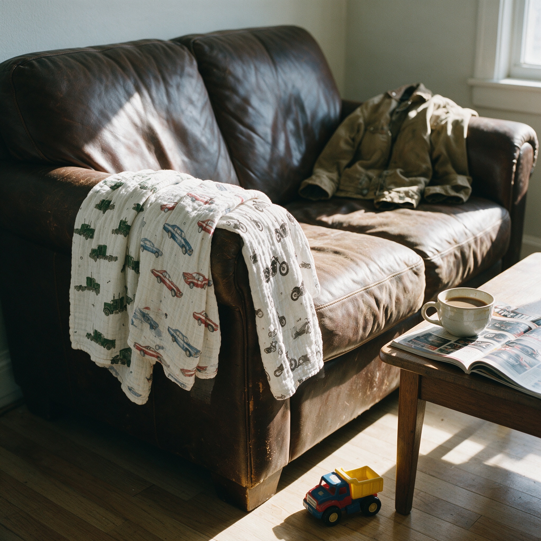 On the sofa arm