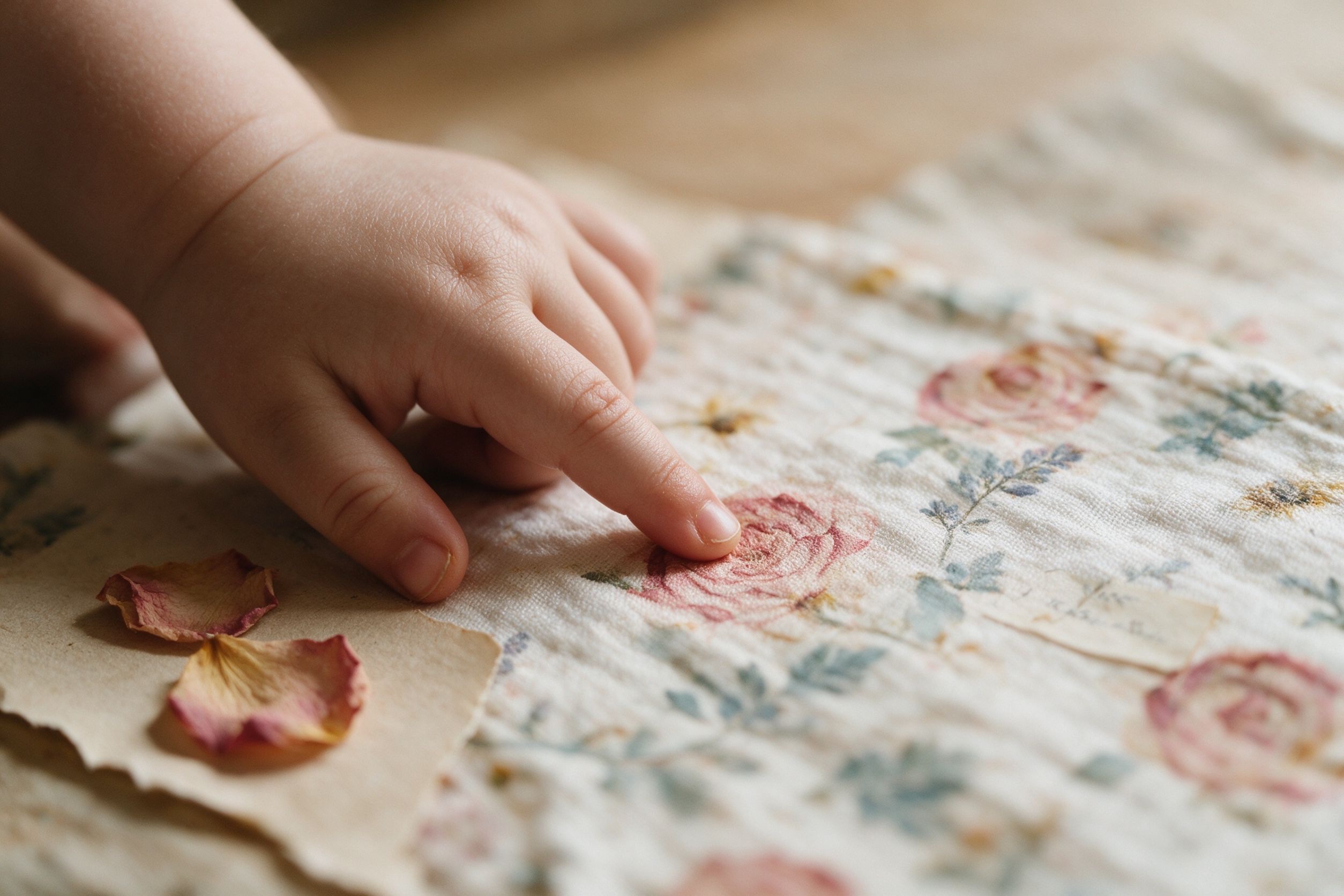 Small hands on the pressed flowers