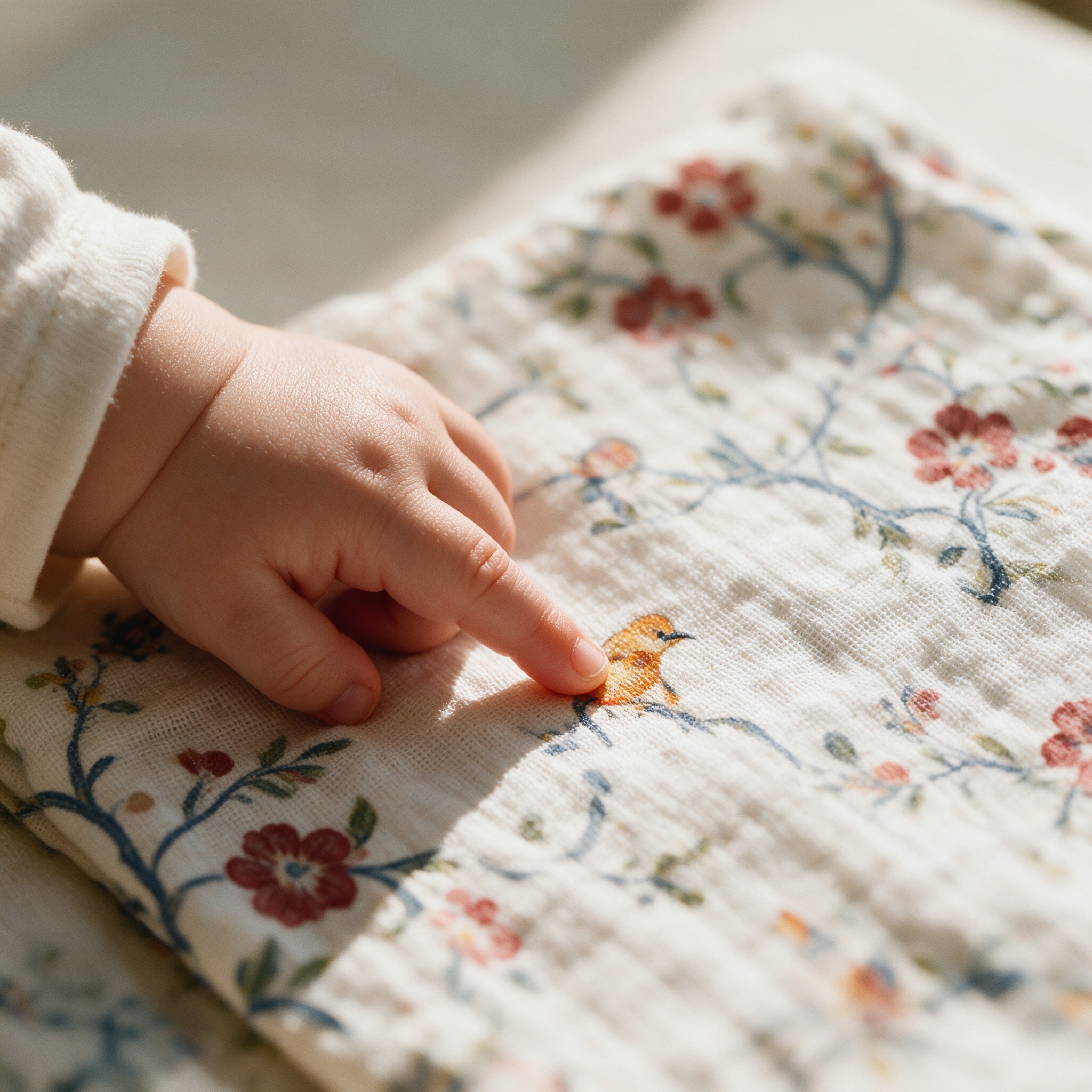 A small hand on the printed bird