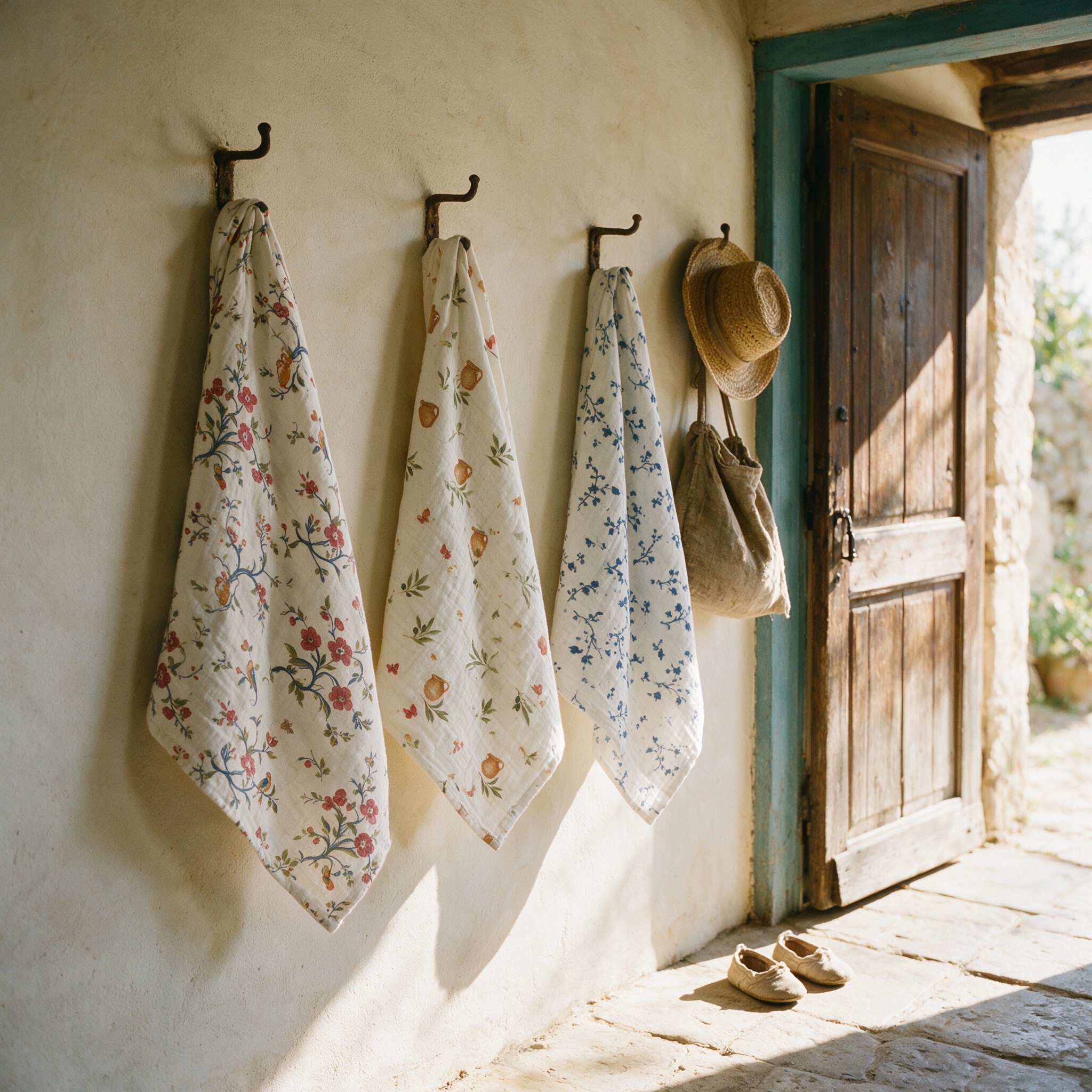 Three prints on the doorway hooks