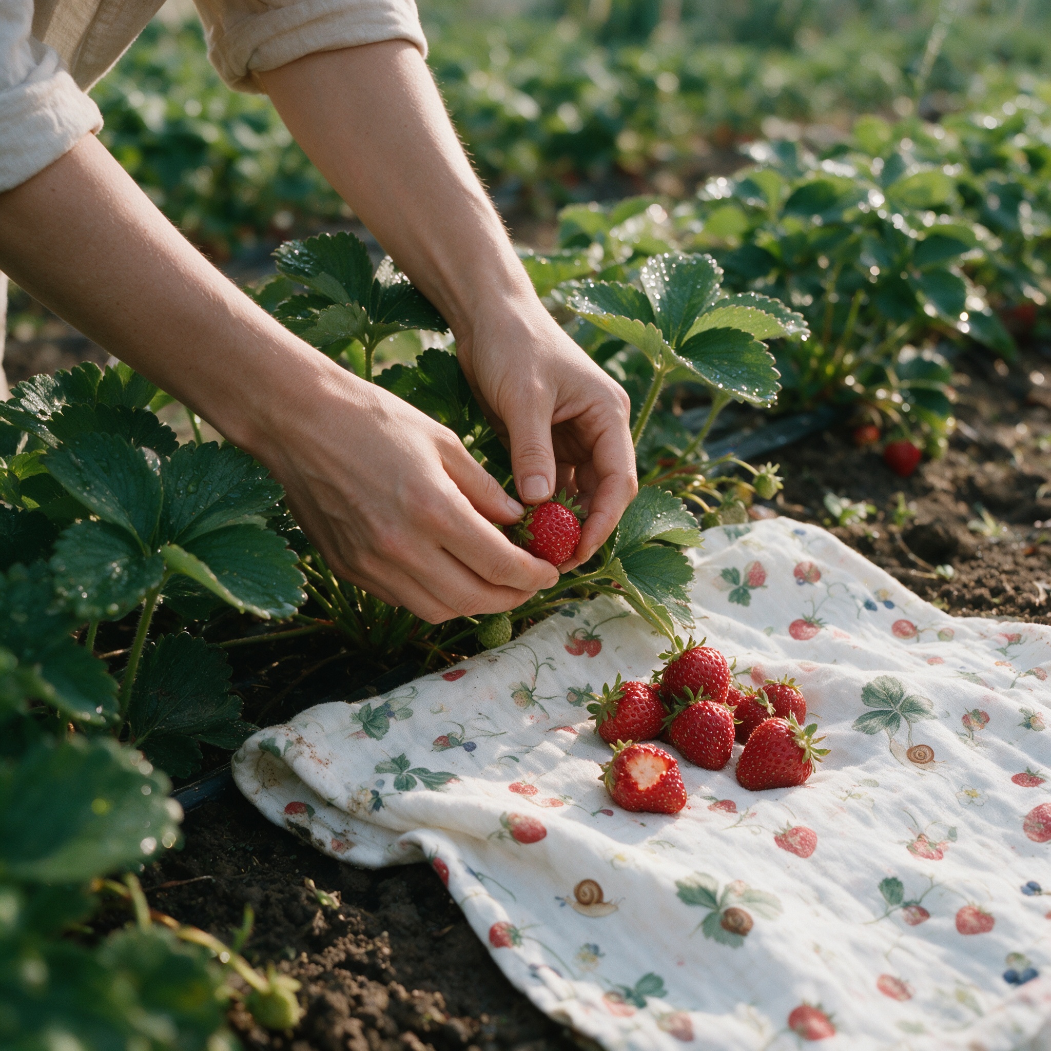 Picking strawberries along the row